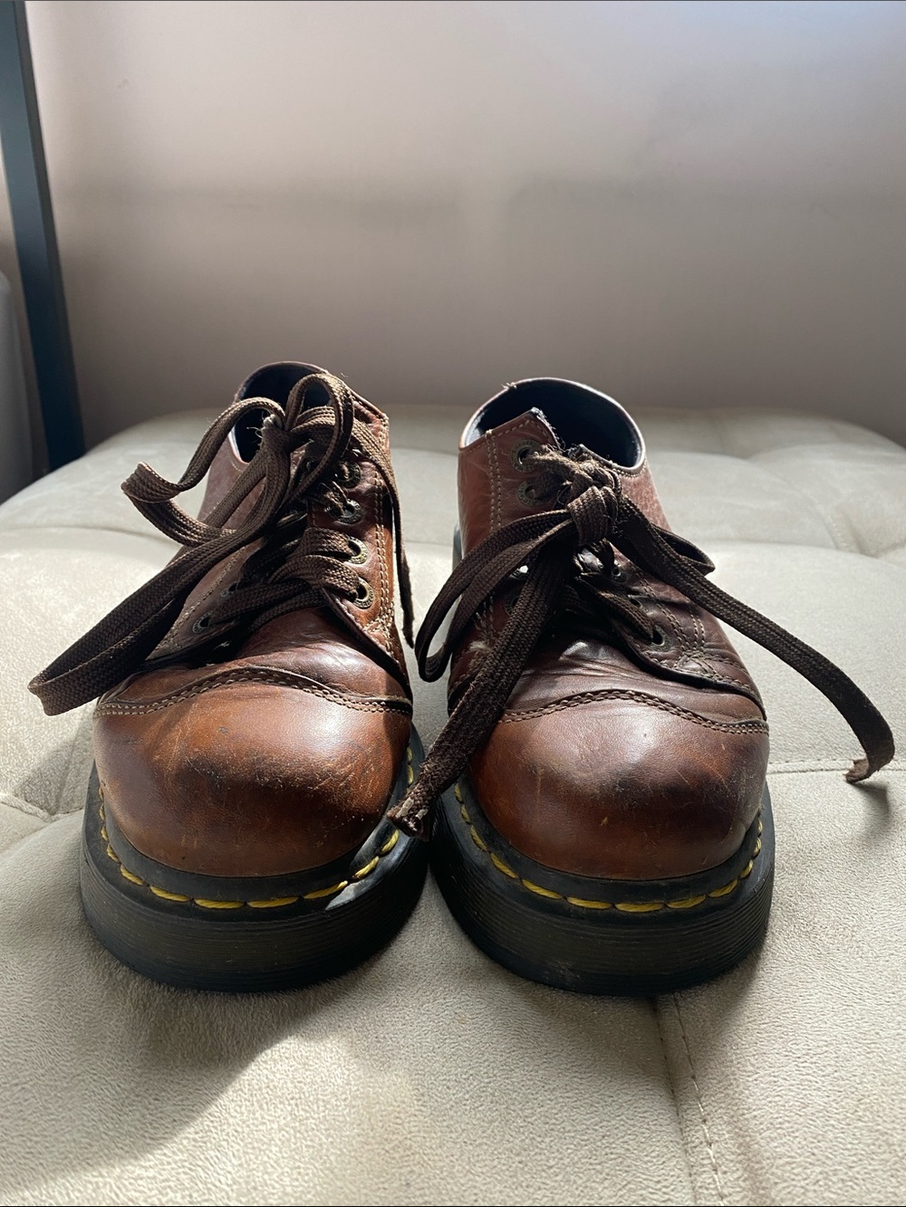 Dr. Martens Brown Leather Lace-Up Boots with Yellow Stitching
